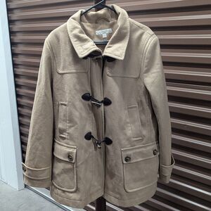 New York & Company Size XL Tan Wool Blend Pea Coat with Toggle Old Money Preppy